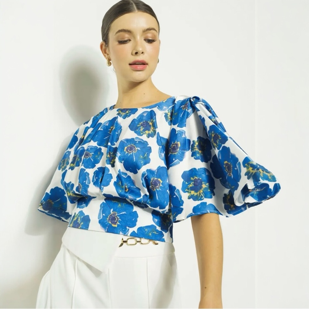 Satin Flutter Kimono Sleeve Floral Print Blue Top